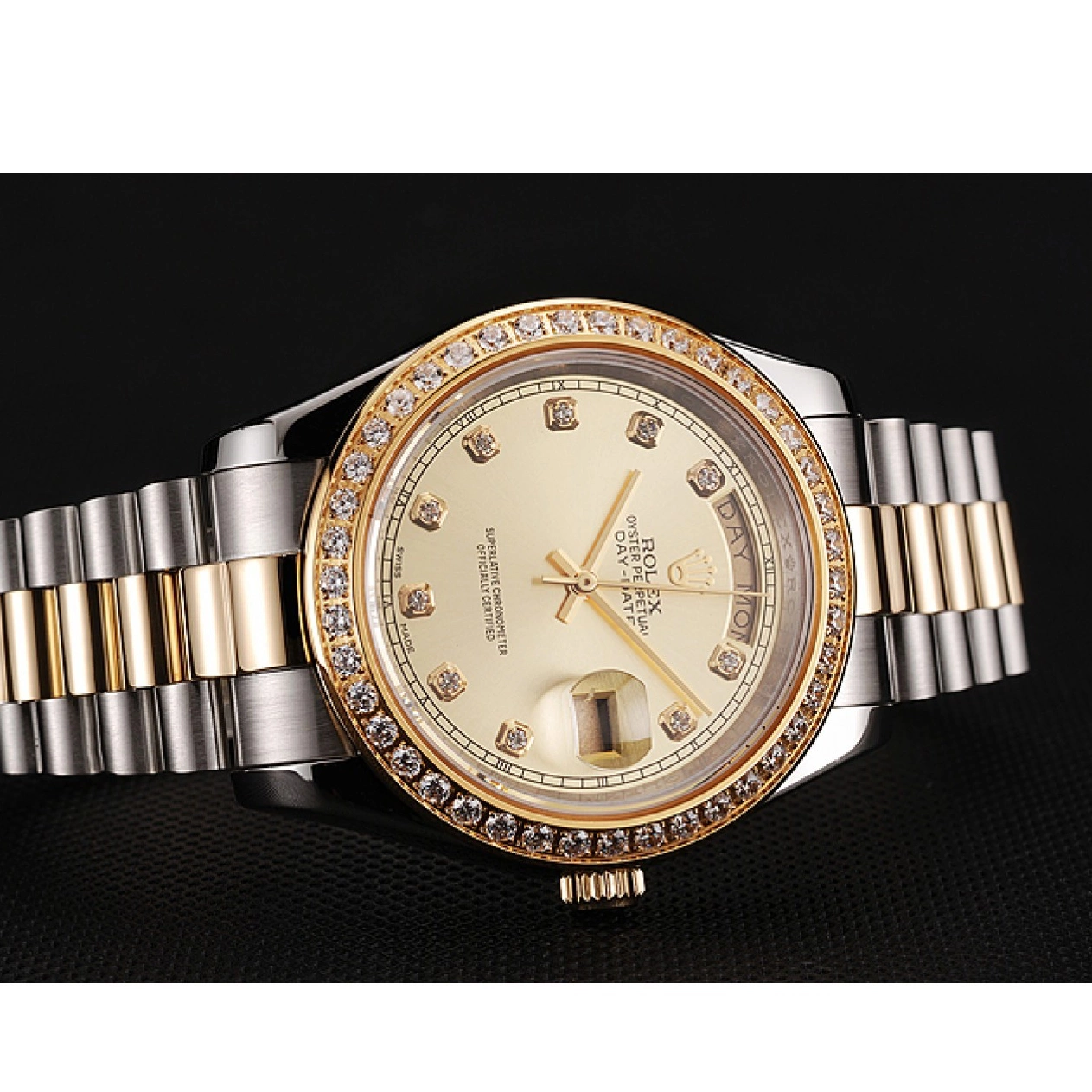 Aaa fake watches Rolex Champagne Case Day-Date Diamond Bracelet Tone Dial 1453974 Stainless Two Gold Swiss Steel 0818